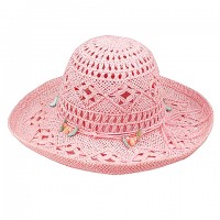 Wide Brim Crochet Toyo Straw Accent w/ Beaded Band - Pink - HT-8202PK